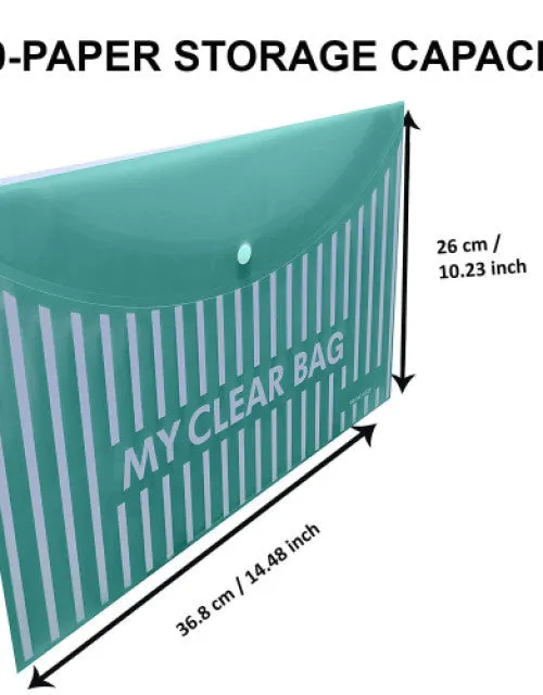 Heavy Plastic 300 Micron Clear Envelopes with Snap Button Closure - A4 & Legal Letter Size - Lining Print Plastic Poly Document File Folder for School, Home & Office Use - Pack of 10