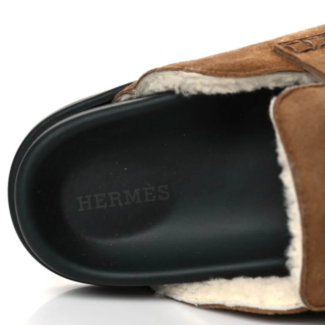 HERMES 
Suede Goatskin Shearling Go Mules 35 Brun Frume Ecru