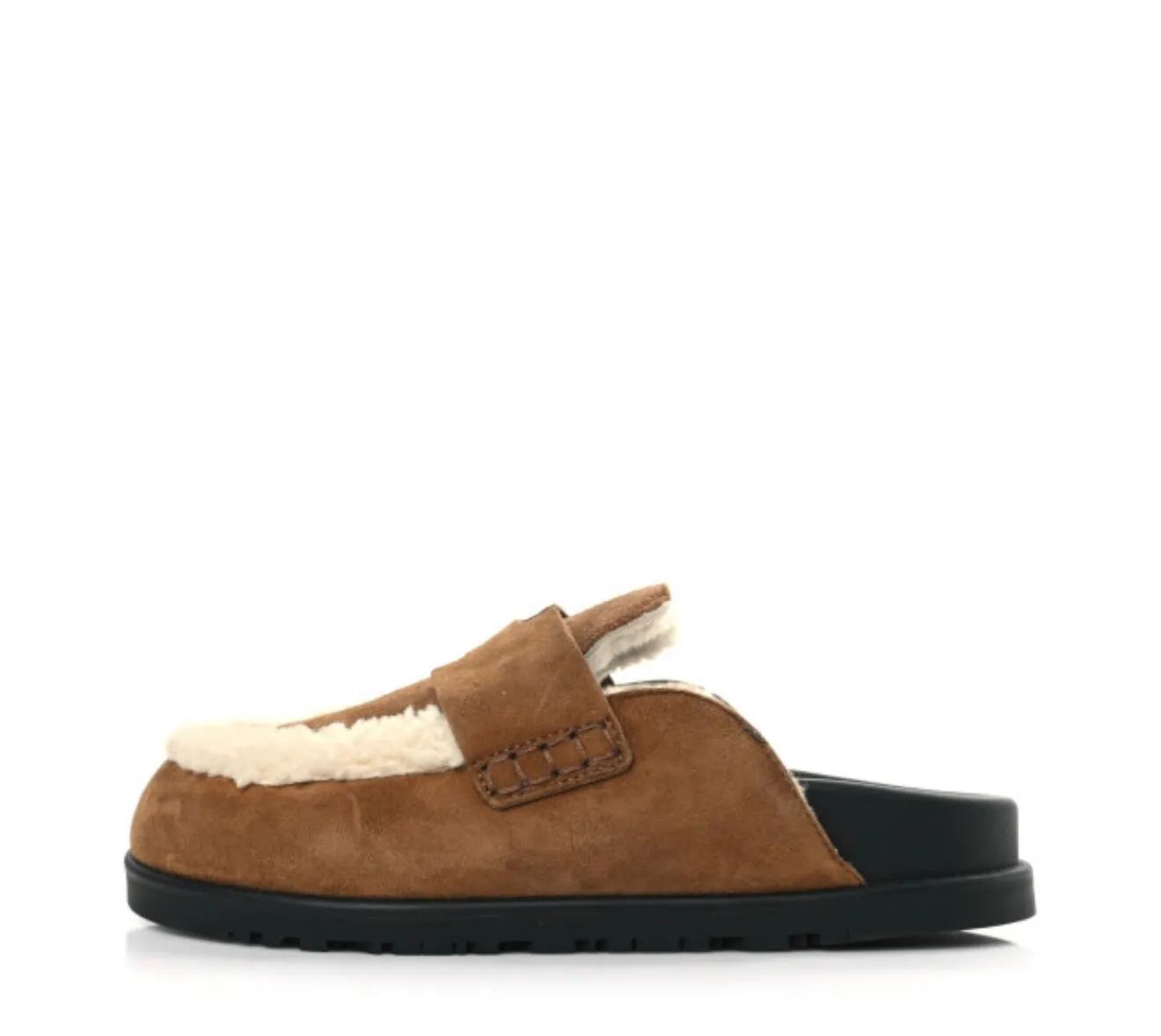 HERMES 
Suede Goatskin Shearling Go Mules 35 Brun Frume Ecru