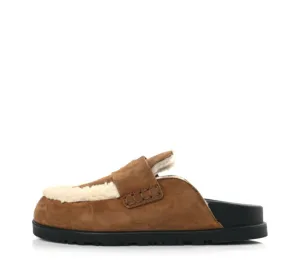 HERMES 
Suede Goatskin Shearling Go Mules 35 Brun Frume Ecru