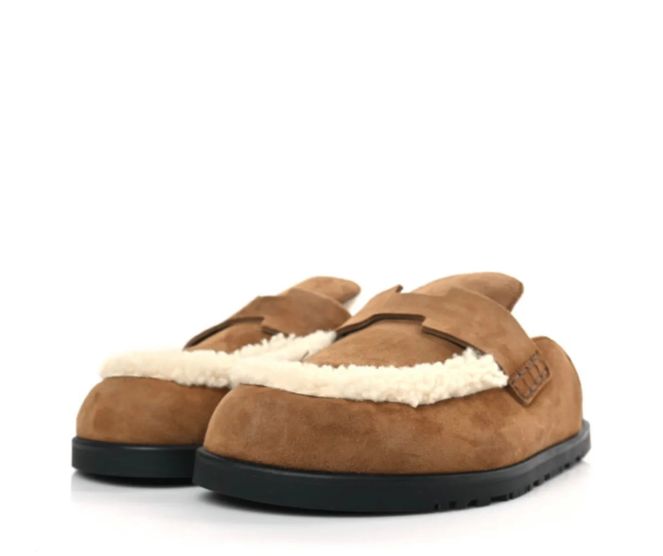 HERMES 
Suede Goatskin Shearling Go Mules 35 Brun Frume Ecru