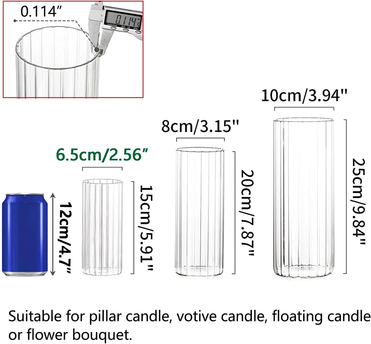 Hewory Glass Cylinder Ribbed Vases Set of 6, Tall Clear Vase for Centerpieces, Hurricane Candle Holders for Pillar or Floating Candles, Round Vases for Wedding Anniversary Events Home Table Decor