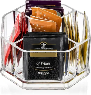 Hiceeden Acrylic Tea Bag Organizer, 5 Compartment Sugar Packets Holder Divided Coffee Condiment Storage Caddy Box for Kitchen Cabinet, Countertop, Tabletop