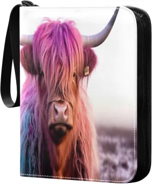 Highland Cow Colorful Card Binder 4 Pocket Trading Card Album Fits 400 Sports/Game Cards, PU Cover 3 Ring Card Collection with 50 Removable Sleeves