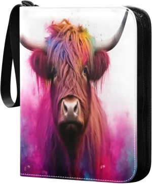 Highland Cow Colorful Card Binder 4 Pocket Trading Card Album Fits 400 Sports/Game Cards, PU Cover 3 Ring Card Collection with 50 Removable Sleeves