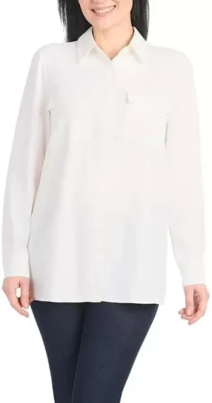 Hilary Radley Women's Roll Tab Sleeve Blouse, Button Down, Long Sleeve, Crinkle Top with Chest Pockets