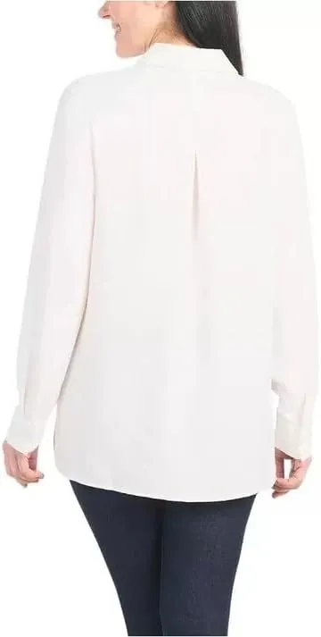 Hilary Radley Women's Roll Tab Sleeve Blouse, Button Down, Long Sleeve, Crinkle Top with Chest Pockets