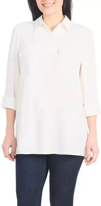 Hilary Radley Women's Roll Tab Sleeve Blouse, Button Down, Long Sleeve, Crinkle Top with Chest Pockets