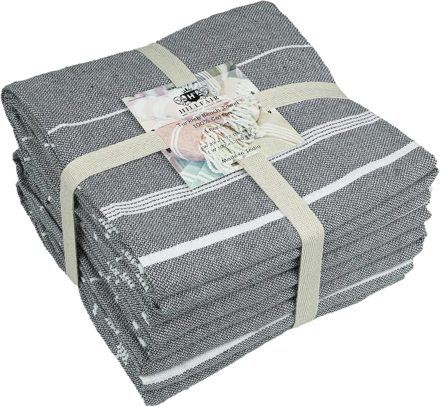 HILLFAIR Cotton Turkish Beach Towels, Quick Dry Lightweight Sand Free Peshtemal Towel for Bath Swim Yoga Spa Travel, Beach Accessories, Oversized Cotton Turkish Towels (39 x 72 inch- 4 Pack Grey)