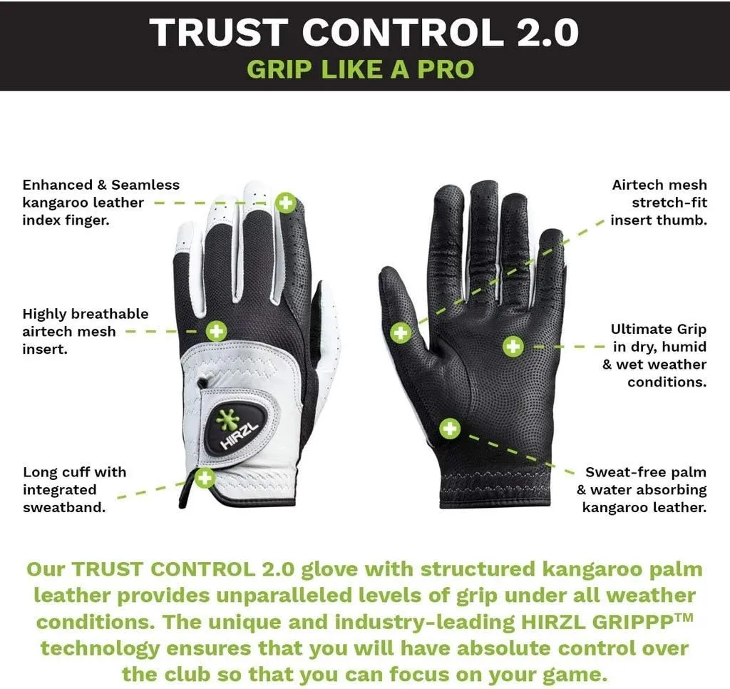 HIRZL Trust Control 2.0 Ladies Golf Gloves – All Weather Womens Golf Glove (White/Black) | Kangaroo Leather Palm | Cabretta Leather Backhand | Trusted by Pros | Sweat Free, Ultimate Grip, Stretch Fit