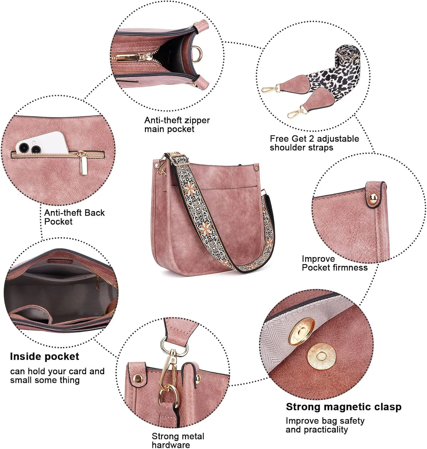 HKCLUF Crossbody Bags for Women Trendy Vegan Leather Hobo Handbags With 2PCS Adjustable Guitar Strap Shoulder Bucket Bags