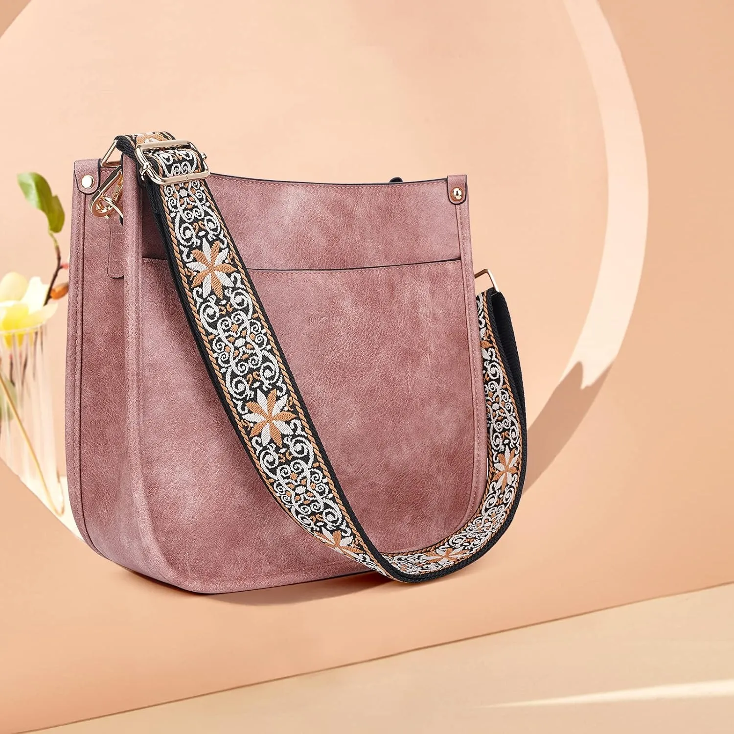 HKCLUF Crossbody Bags for Women Trendy Vegan Leather Hobo Handbags With 2PCS Adjustable Guitar Strap Shoulder Bucket Bags