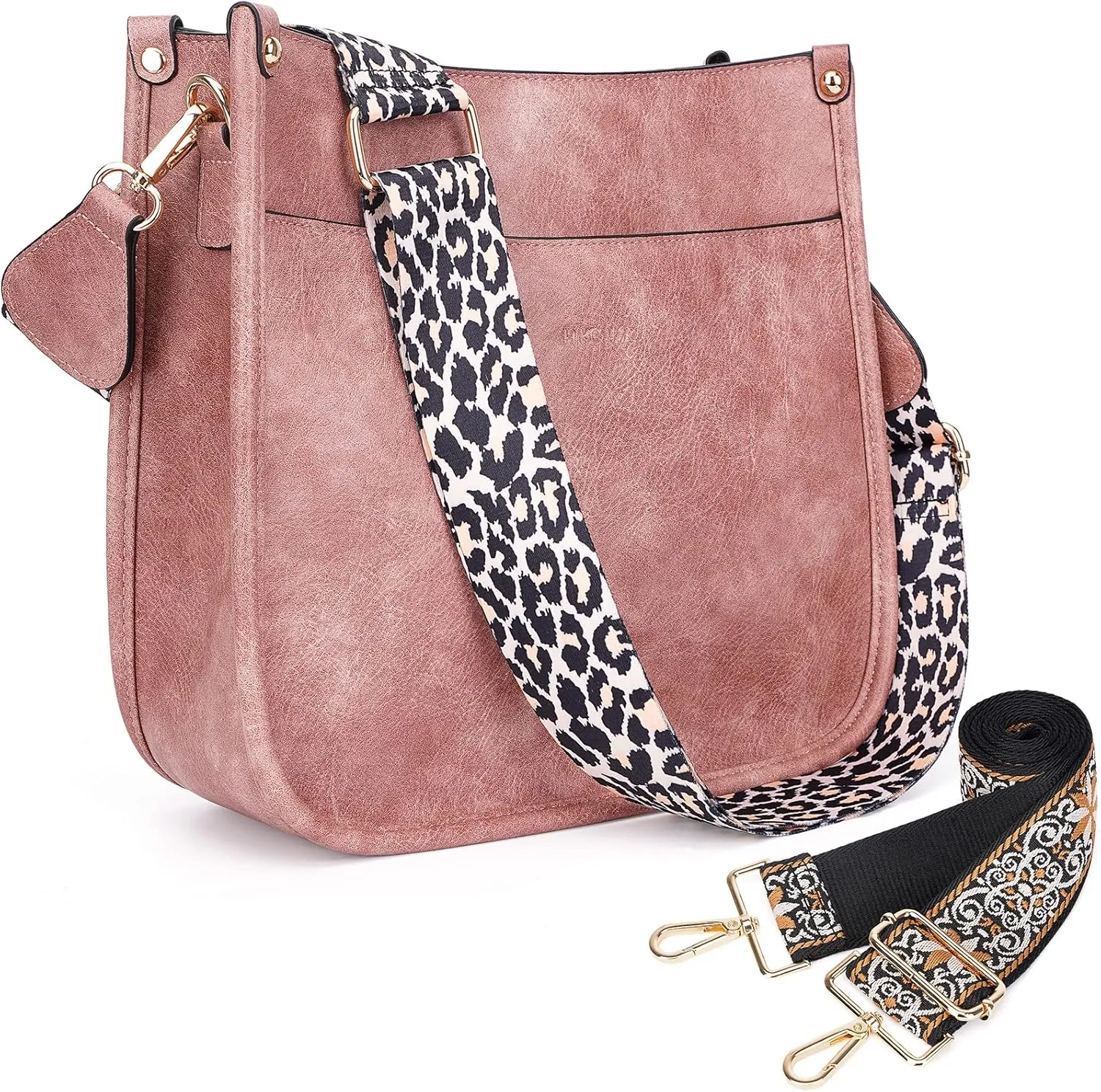 HKCLUF Crossbody Bags for Women Trendy Vegan Leather Hobo Handbags With 2PCS Adjustable Guitar Strap Shoulder Bucket Bags