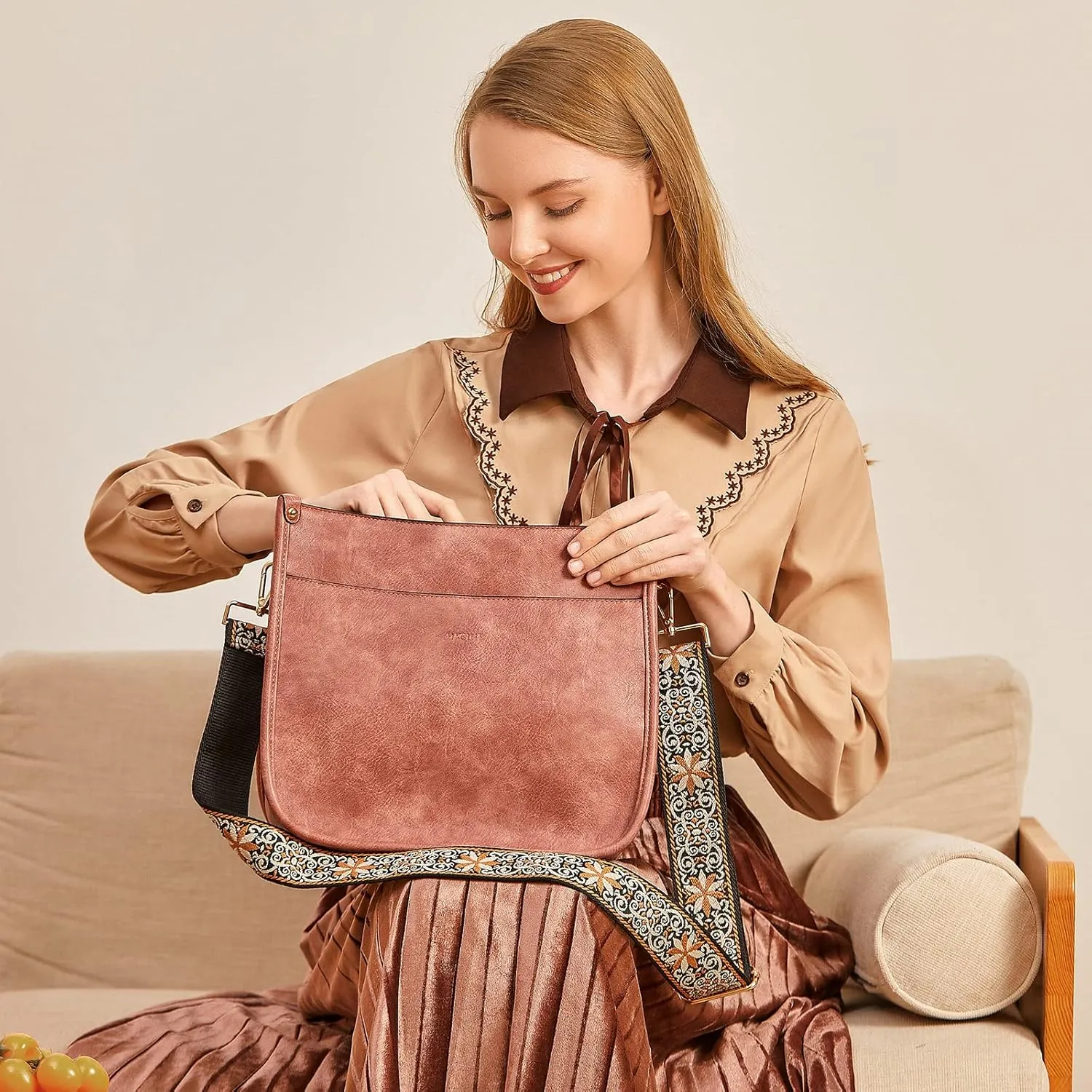 HKCLUF Crossbody Bags for Women Trendy Vegan Leather Hobo Handbags With 2PCS Adjustable Guitar Strap Shoulder Bucket Bags