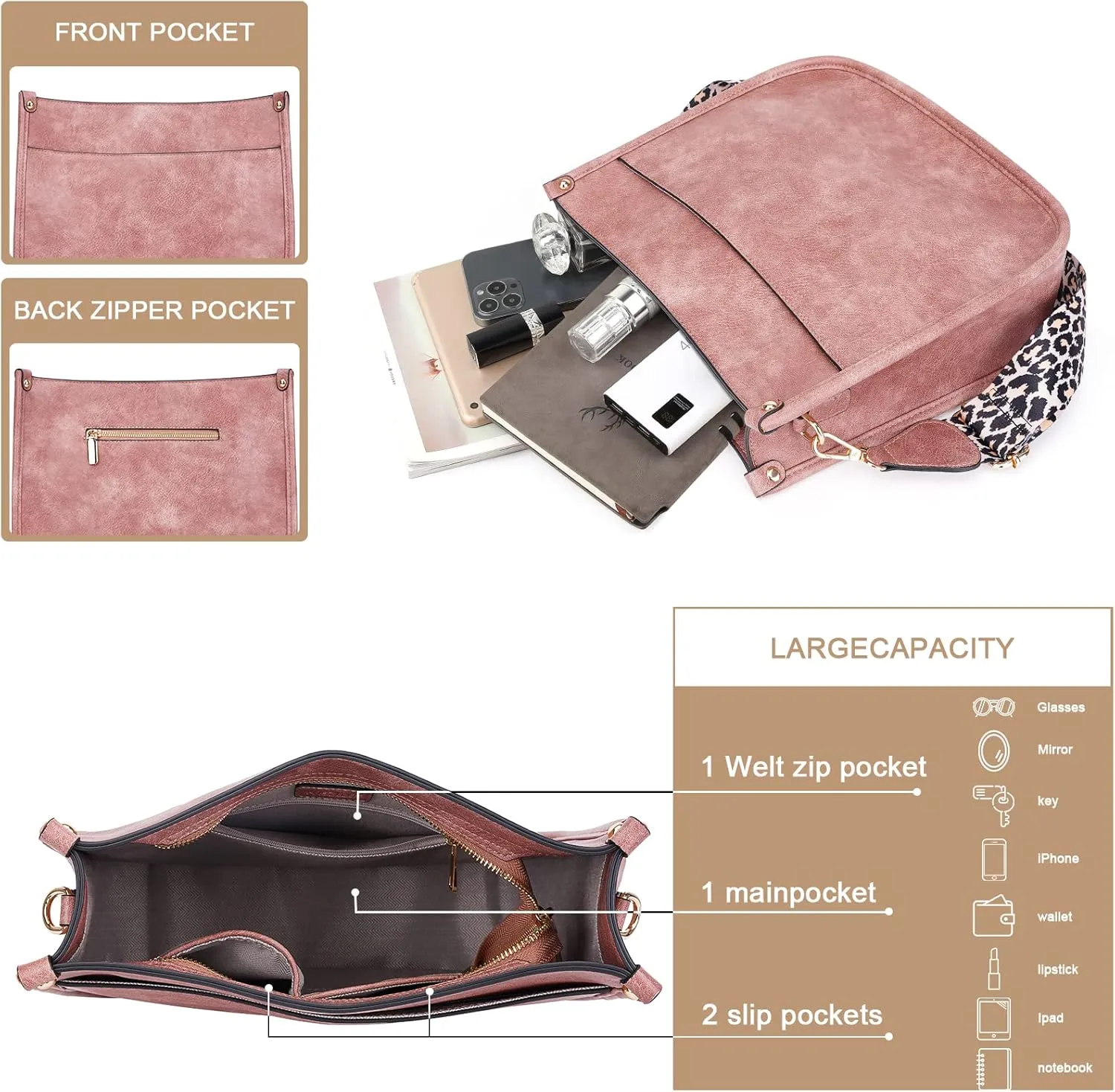 HKCLUF Crossbody Bags for Women Trendy Vegan Leather Hobo Handbags With 2PCS Adjustable Guitar Strap Shoulder Bucket Bags