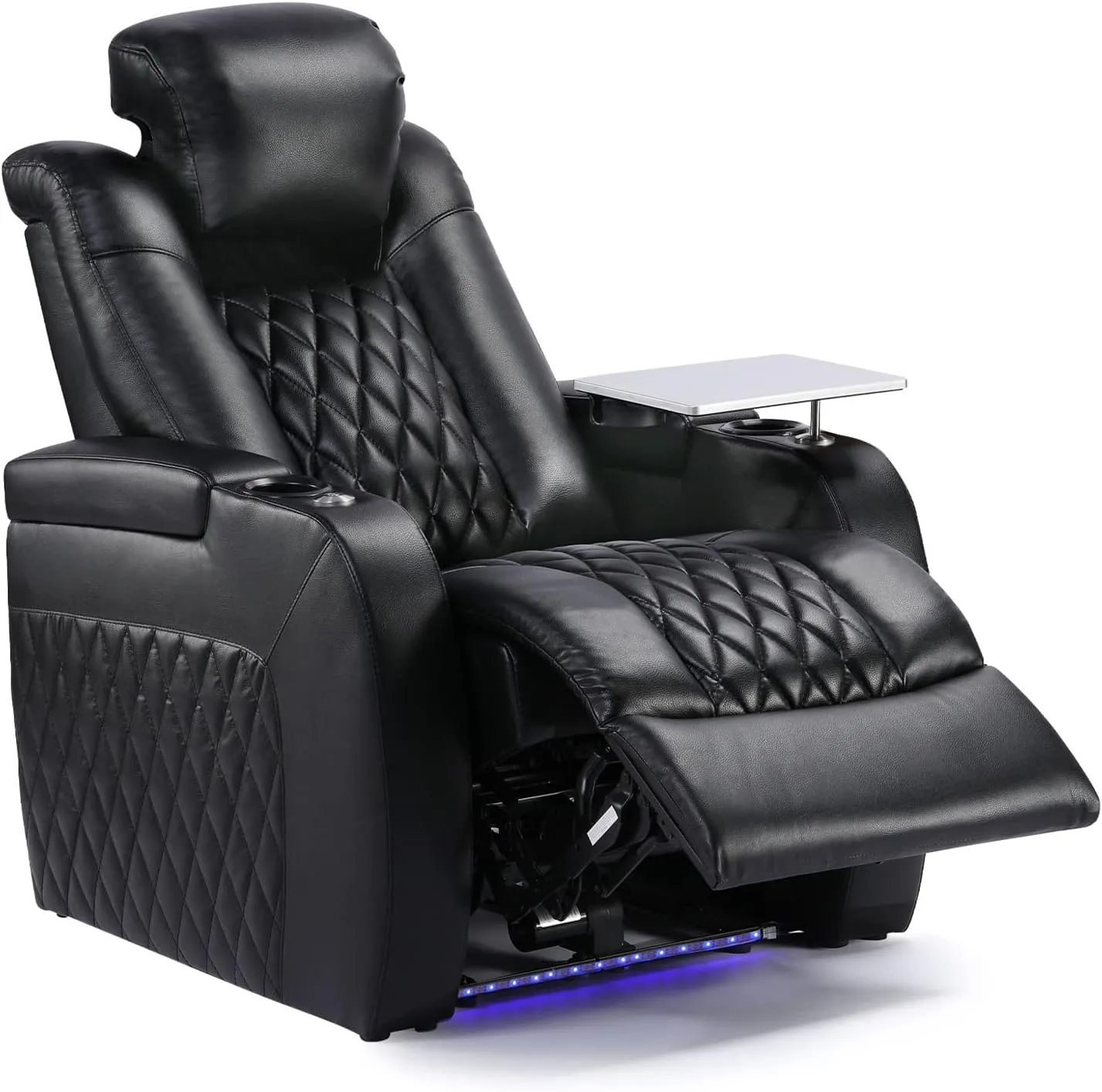 Home Theater Seating Top Grain Leather Recliner Chair Power Headrest and Recline Movie Seats Gaming Sofa with Tray Table Type-C USB Charge Cup Holders Row of 1 Black