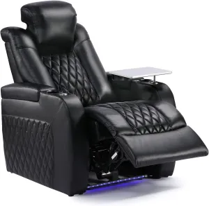 Home Theater Seating Top Grain Leather Recliner Chair Power Headrest and Recline Movie Seats Gaming Sofa with Tray Table Type-C USB Charge Cup Holders Row of 1 Black