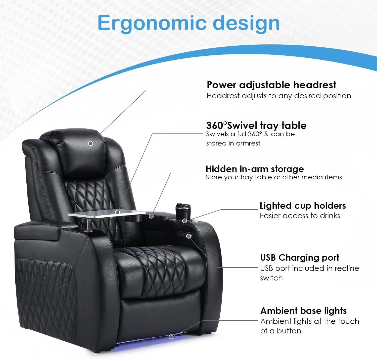 Home Theater Seating Top Grain Leather Recliner Chair Power Headrest and Recline Movie Seats Gaming Sofa with Tray Table Type-C USB Charge Cup Holders Row of 1 Black