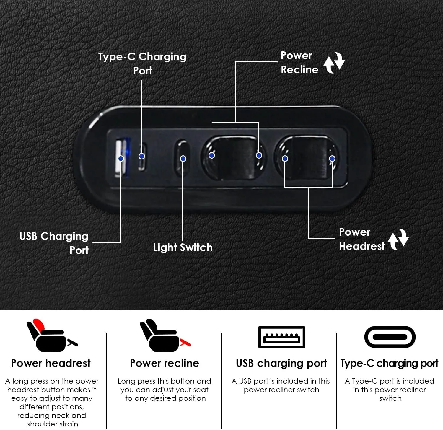 Home Theater Seating Top Grain Leather Recliner Chair Power Headrest and Recline Movie Seats Gaming Sofa with Tray Table Type-C USB Charge Cup Holders Row of 1 Black