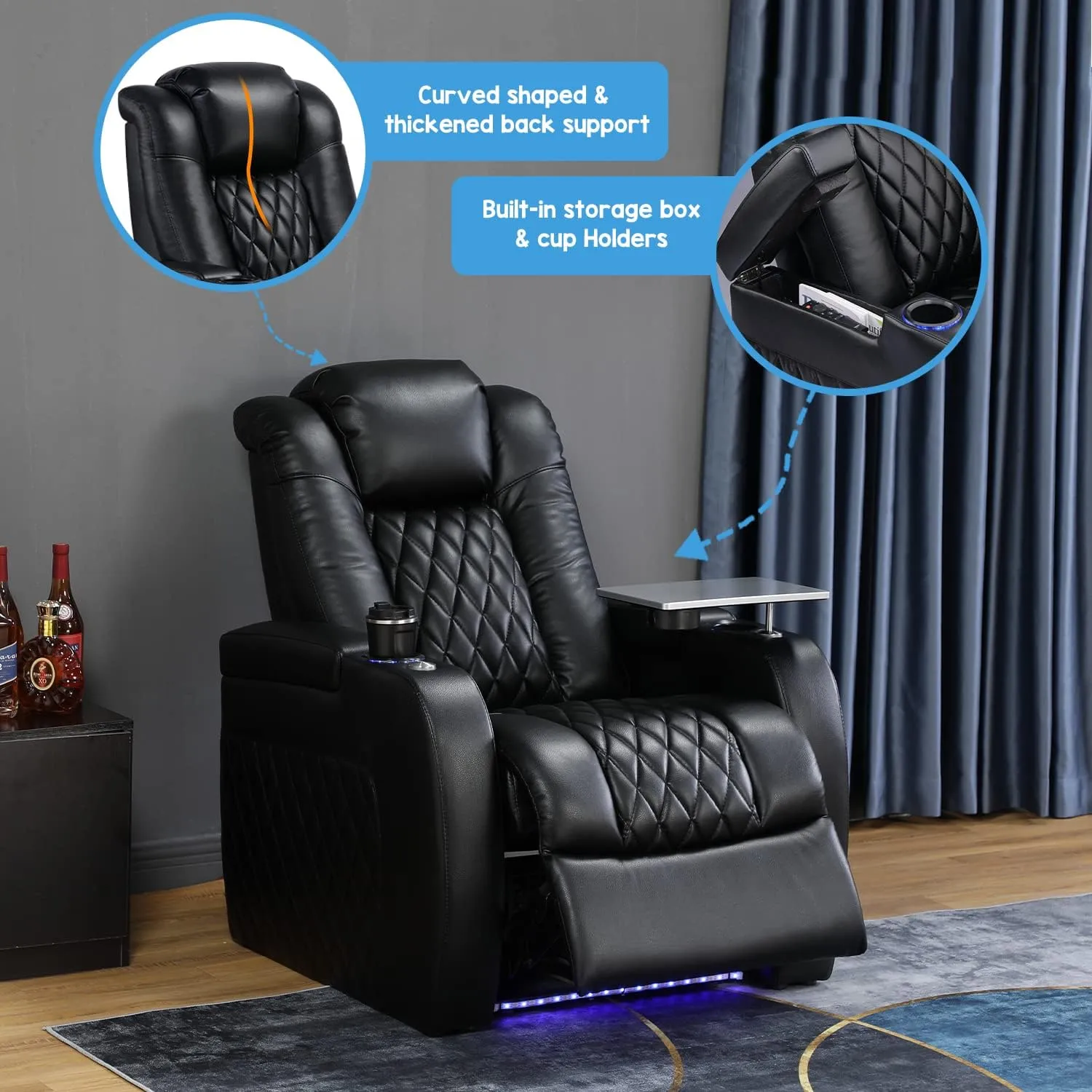 Home Theater Seating Top Grain Leather Recliner Chair Power Headrest and Recline Movie Seats Gaming Sofa with Tray Table Type-C USB Charge Cup Holders Row of 1 Black