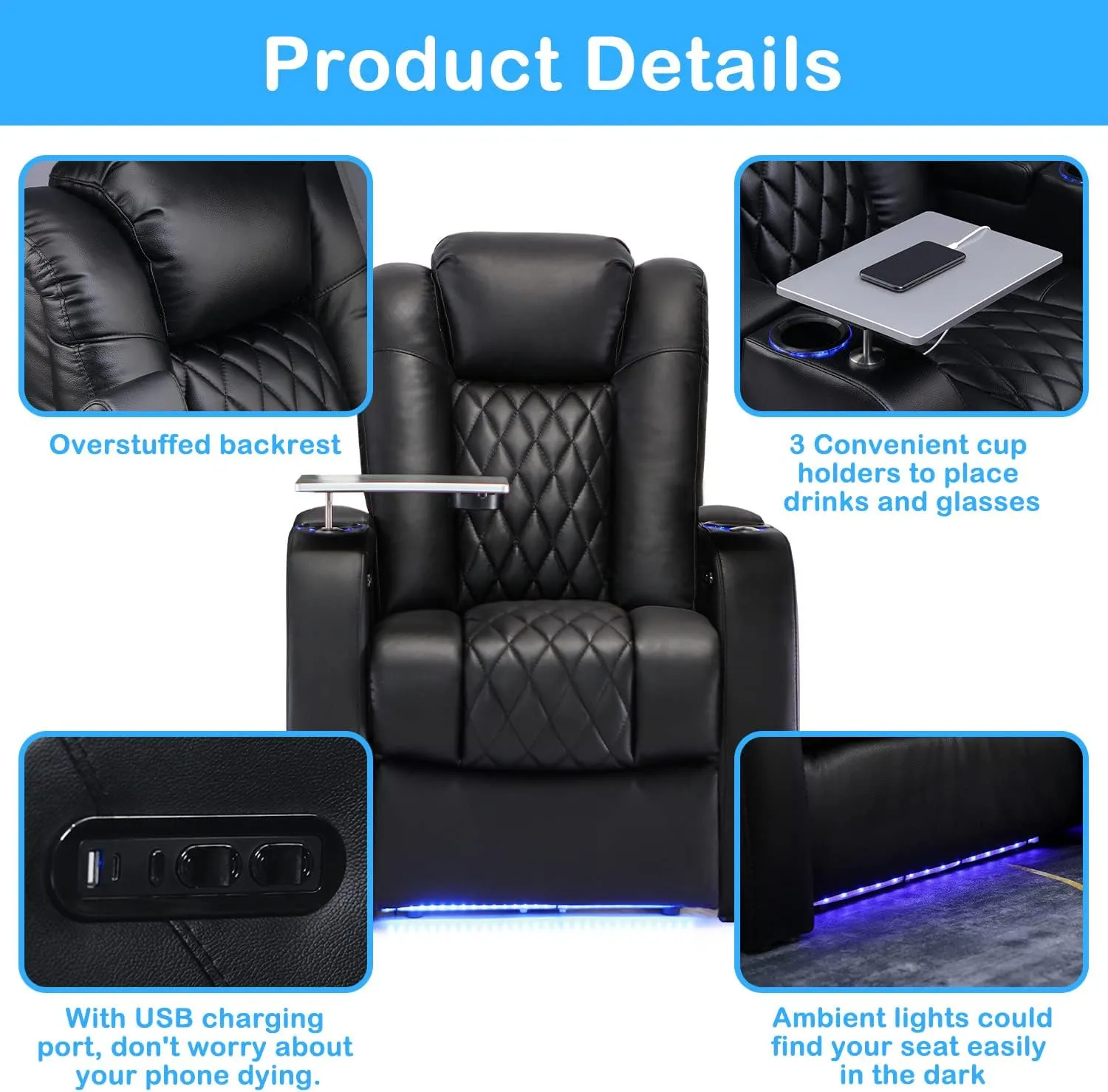Home Theater Seating Top Grain Leather Recliner Chair Power Headrest and Recline Movie Seats Gaming Sofa with Tray Table Type-C USB Charge Cup Holders Row of 1 Black