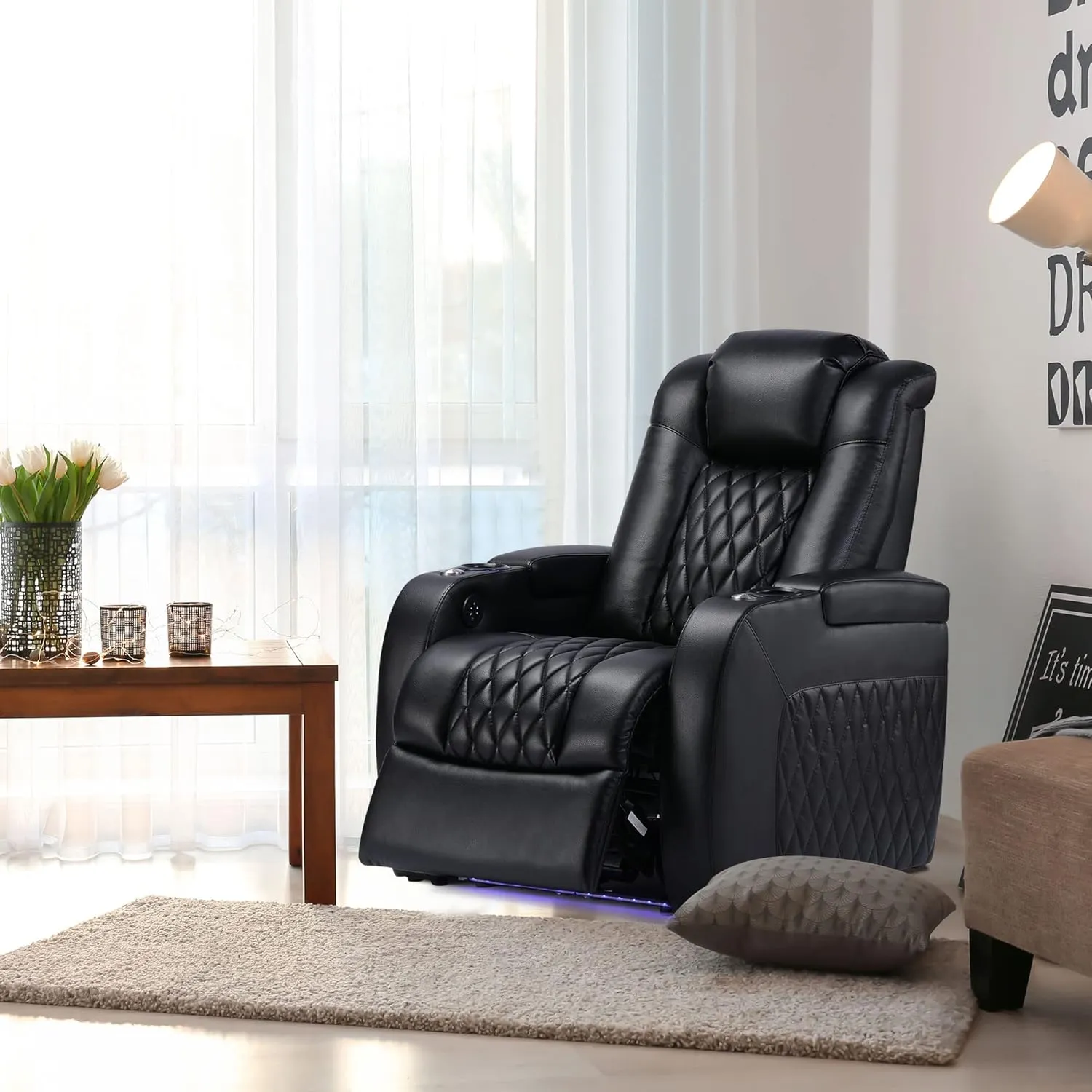 Home Theater Seating Top Grain Leather Recliner Chair Power Headrest and Recline Movie Seats Gaming Sofa with Tray Table Type-C USB Charge Cup Holders Row of 1 Black