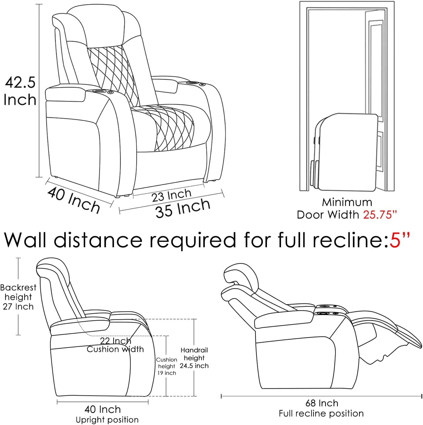 Home Theater Seating Top Grain Leather Recliner Chair Power Headrest and Recline Movie Seats Gaming Sofa with Tray Table Type-C USB Charge Cup Holders Row of 1 Black