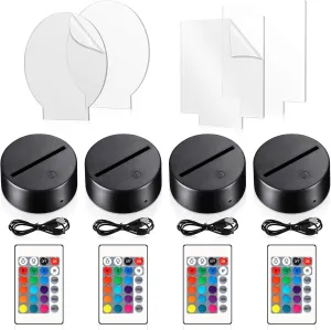 Honoson 4 Pcs 3D Night LED Light Lamp Base with 4 Pcs Clear Acrylic Sheets Remote Control USB Cable Adjustable 16 Colors 4 Modes Base Show Stand for Christmas Room Restaurant Bar Shop(Black Style)
