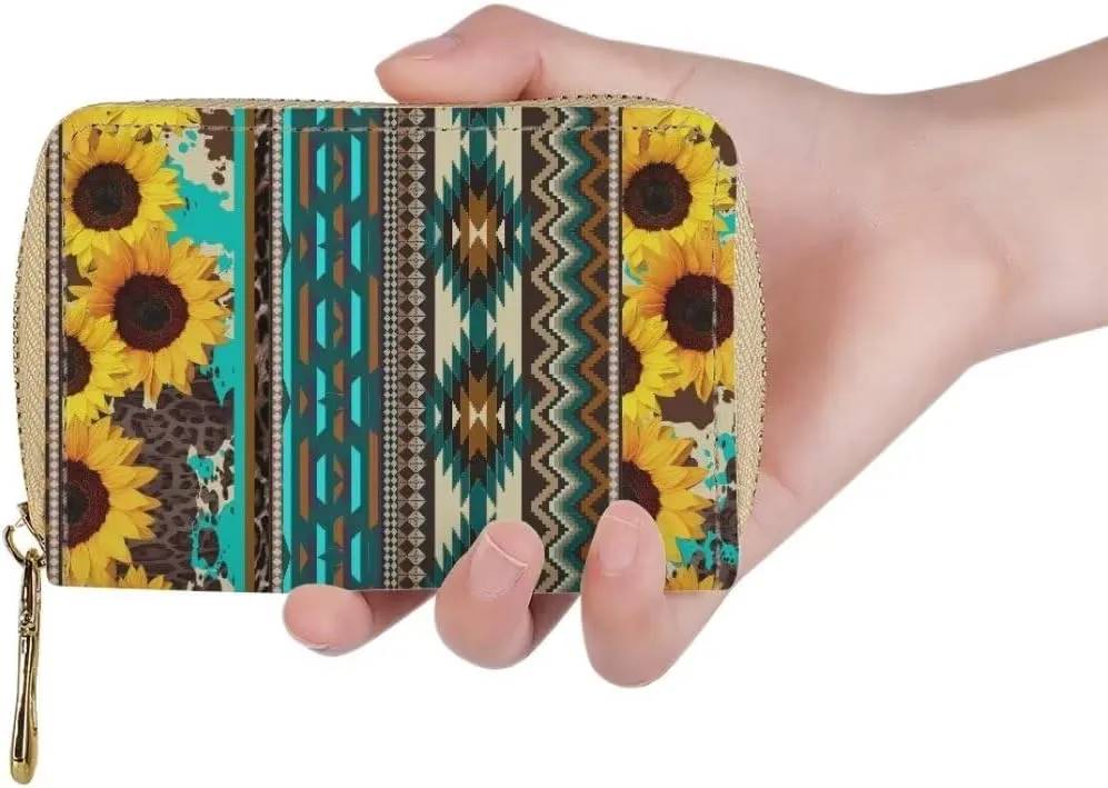 Horeset Aztec Sunflower Leather Women Credit Card Holder Case RFID Card Wallet Passport Wallet for Bank Debit ATM
