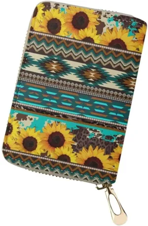 Horeset Aztec Sunflower Leather Women Credit Card Holder Case RFID Card Wallet Passport Wallet for Bank Debit ATM