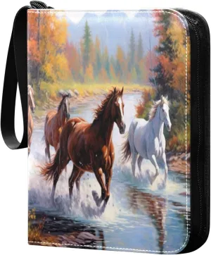 Horses Running Stream Card Binder 4 Pocket Trading Card Album Fits 400 Sports/Game Cards, PU Cover 3 Ring Card Collection with 50 Removable Sleeves