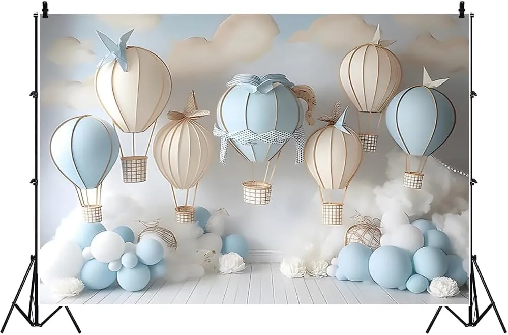 Hot Air Balloons Banner 118.1x98.4Inch Fabric Let the Adventure Begin Baby Shower Backdrop Travel Birthday Photos Baby Cake Smash Photography 1st Birthday Party Decor