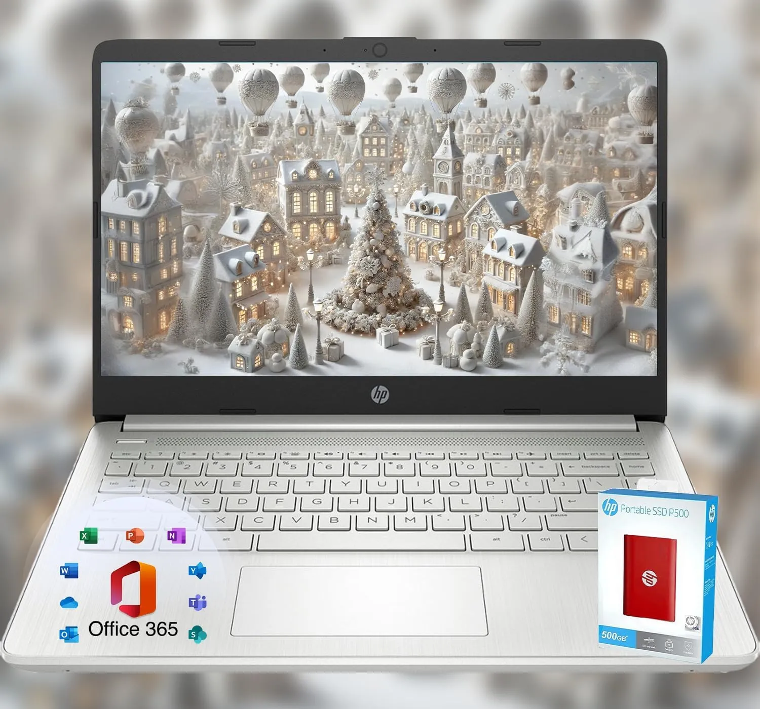 HP 14 Laptop • Back to School Limited Edition with Microsoft 365 • 4-Core Intel CPU • 4GB RAM • 1.6TB Storage (128GB OnBoard   512GB P500 Portable SSD   1TB OneDrive) • Natural Silver • Win 11