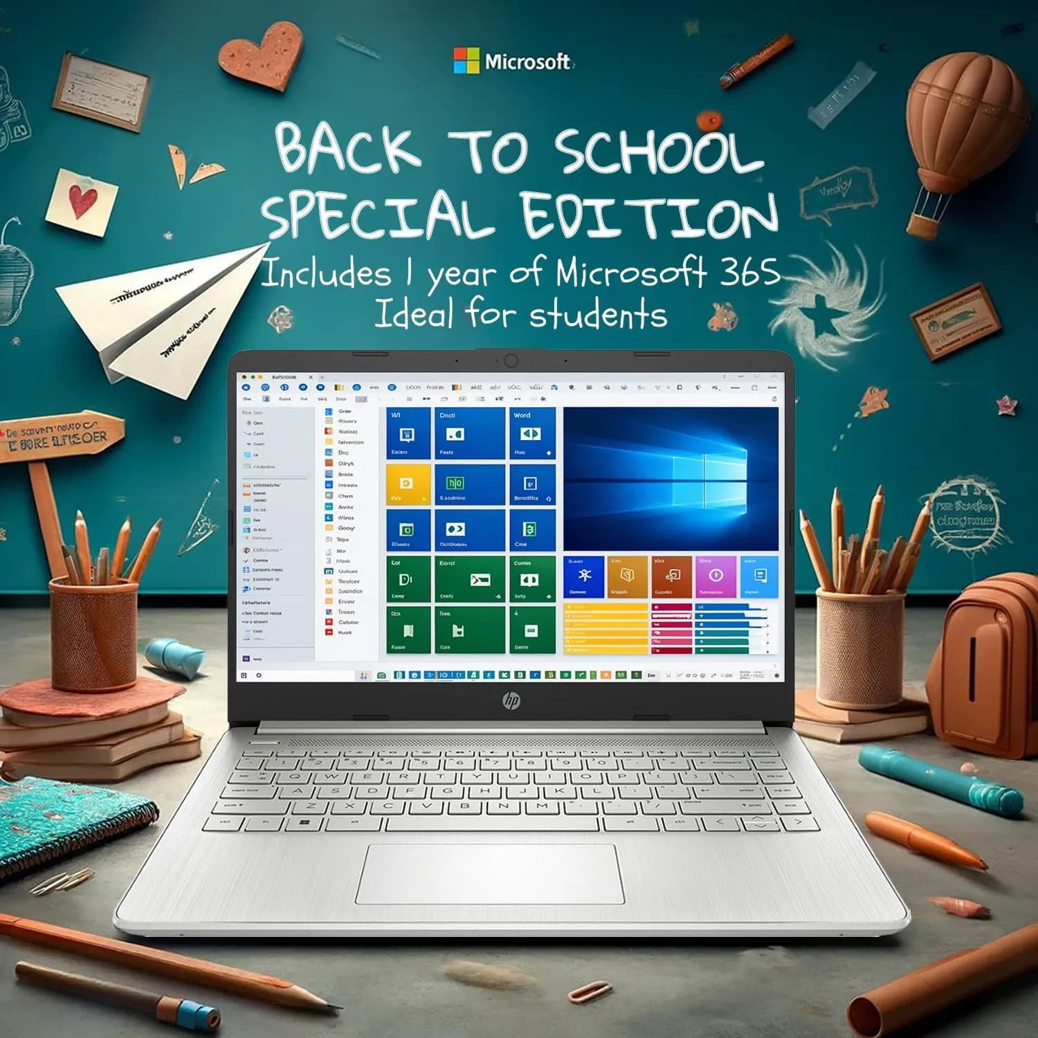HP 14 Laptop • Back to School Limited Edition with Microsoft 365 • 4-Core Intel CPU • 4GB RAM • 1.6TB Storage (128GB OnBoard   512GB P500 Portable SSD   1TB OneDrive) • Natural Silver • Win 11