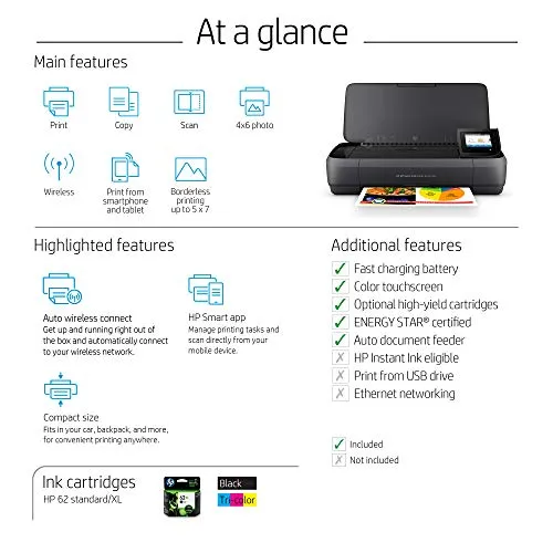 HP OfficeJet 250 All-in-One Portable Printer with Wireless & Mobile Printing, Works with Alexa (CZ992A), Black, Normal