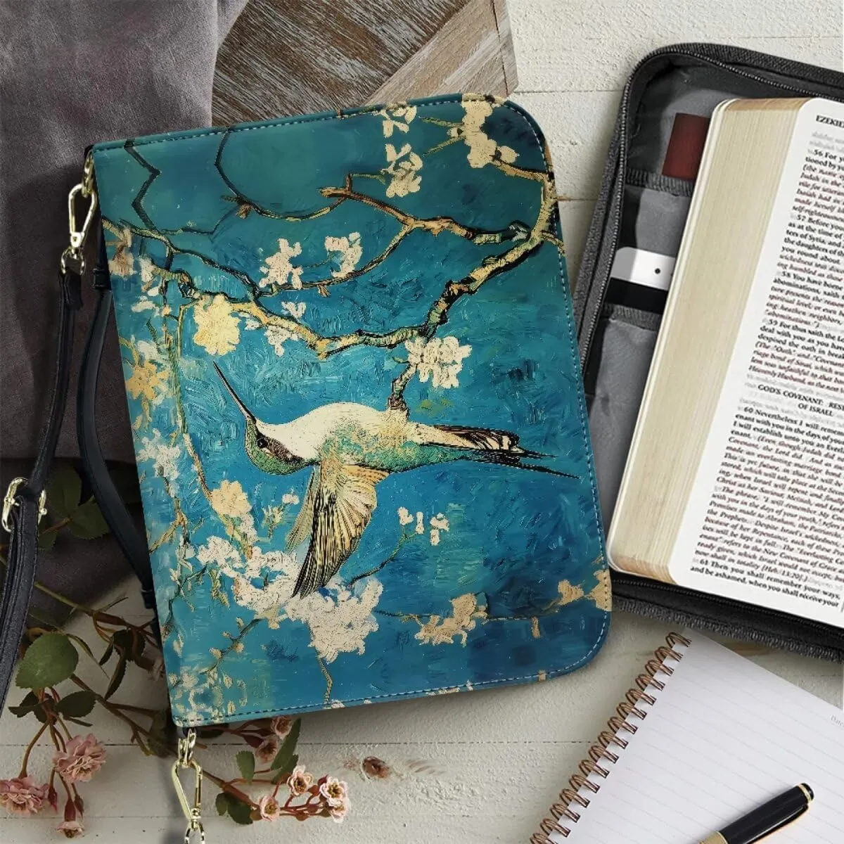 Hummingbird Almond Blossoms Bible Carrying Case Zippered Bible Bag PU Leather Scripture Bag Case Waterproof Book Cover Protector Bible Carrying Tote Cases for Bible Study Suppliers