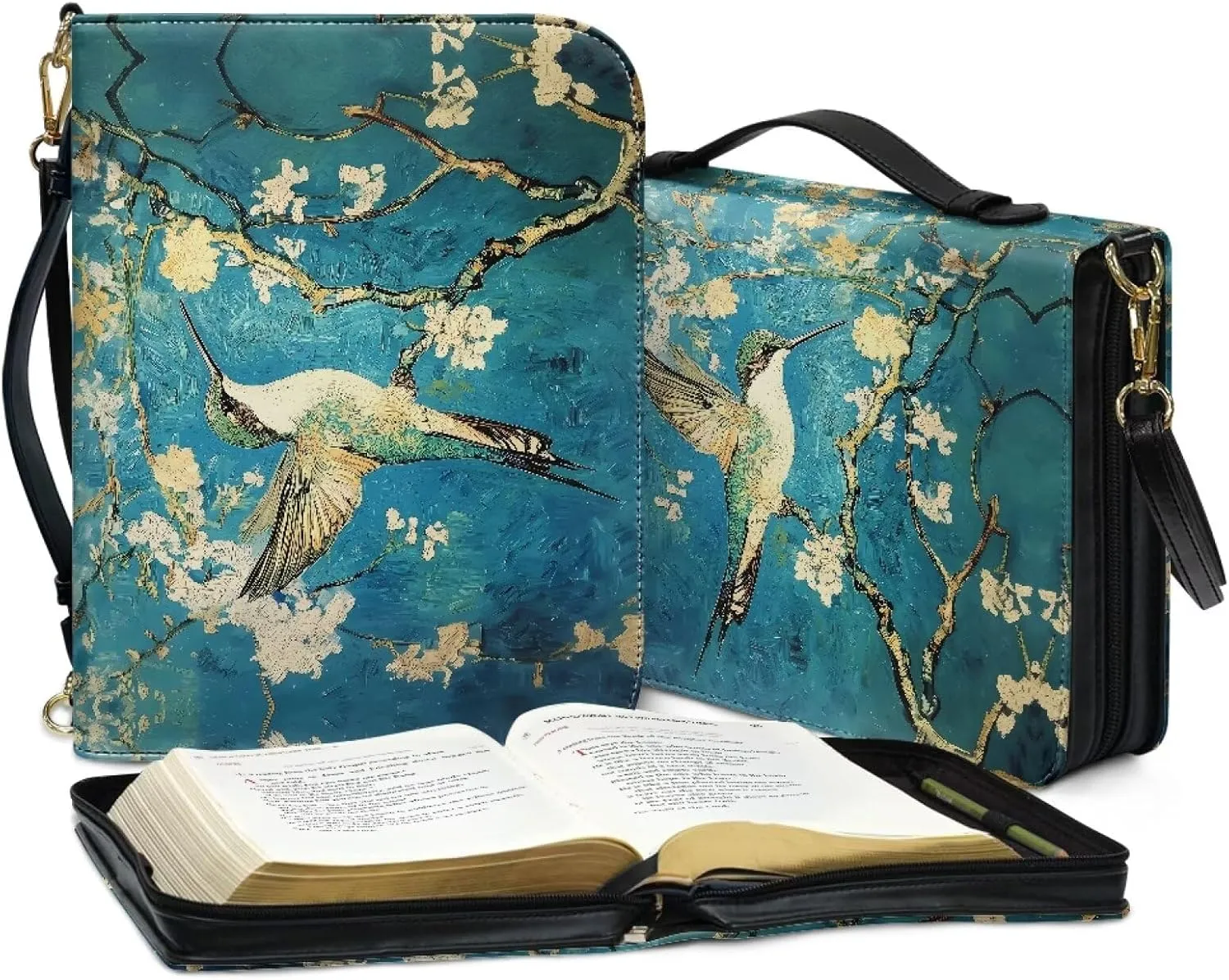 Hummingbird Almond Blossoms Bible Carrying Case Zippered Bible Bag PU Leather Scripture Bag Case Waterproof Book Cover Protector Bible Carrying Tote Cases for Bible Study Suppliers