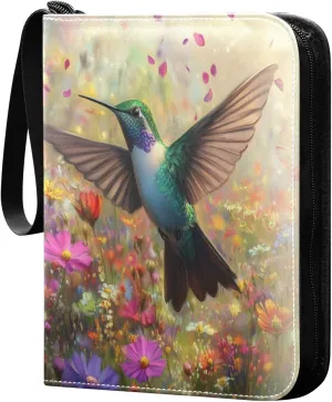 Hummingbird Flying Colorful Wildflowers Cards Binder 4 Pocket Fits 400 Cards with 50 Removable Sleevesves, Trading Card Collector Zipper Album Holder Portable Card Games Display Storage Cases