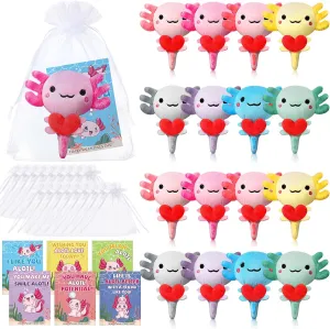 HyDren 16 Sets Valentine‘s Day Axolotl Plush Toys 4 Inch Stuffed Animal Keychains with Greeting Cards and Organza Bags for Valentines Gifts Exchange School Classroom Prize Party Favors