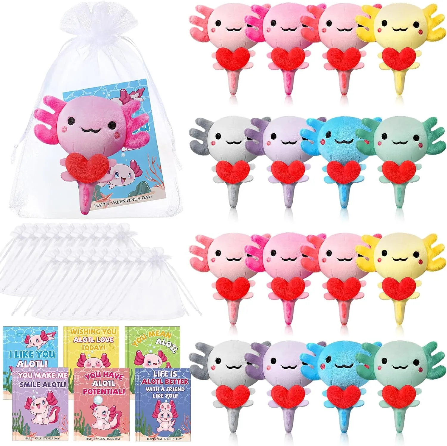 HyDren 16 Sets Valentine‘s Day Axolotl Plush Toys 4 Inch Stuffed Animal Keychains with Greeting Cards and Organza Bags for Valentines Gifts Exchange School Classroom Prize Party Favors