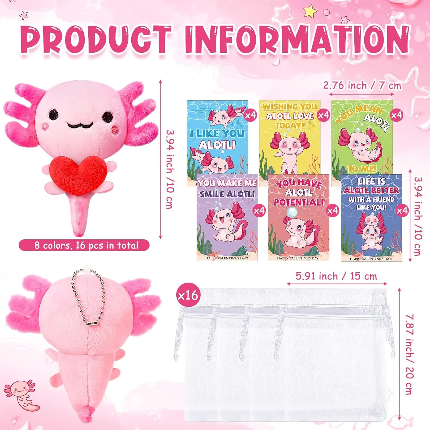 HyDren 16 Sets Valentine‘s Day Axolotl Plush Toys 4 Inch Stuffed Animal Keychains with Greeting Cards and Organza Bags for Valentines Gifts Exchange School Classroom Prize Party Favors