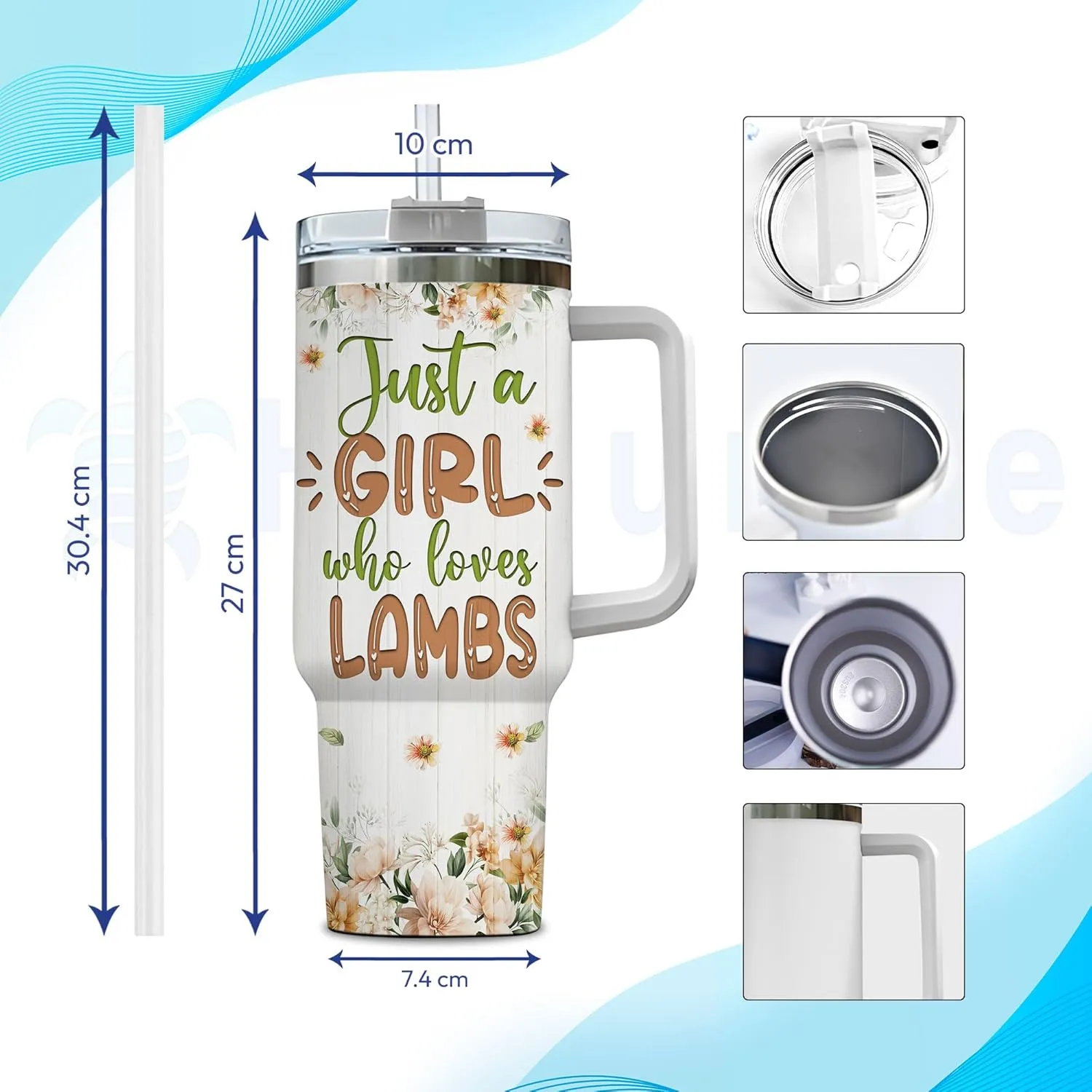 Hyturtle Personalized Gifts For Lamb Lover Tumbler 40oz with Handle and Straw - Stainless Steel Travel Coffee Cup With Lid - Cute Animal Lover Gifts For Women, Girl On Birthday Christmas