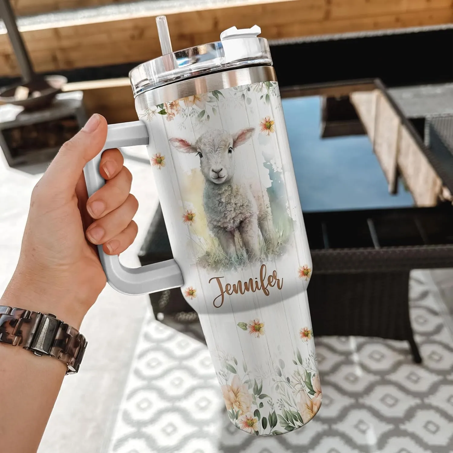 Hyturtle Personalized Gifts For Lamb Lover Tumbler 40oz with Handle and Straw - Stainless Steel Travel Coffee Cup With Lid - Cute Animal Lover Gifts For Women, Girl On Birthday Christmas