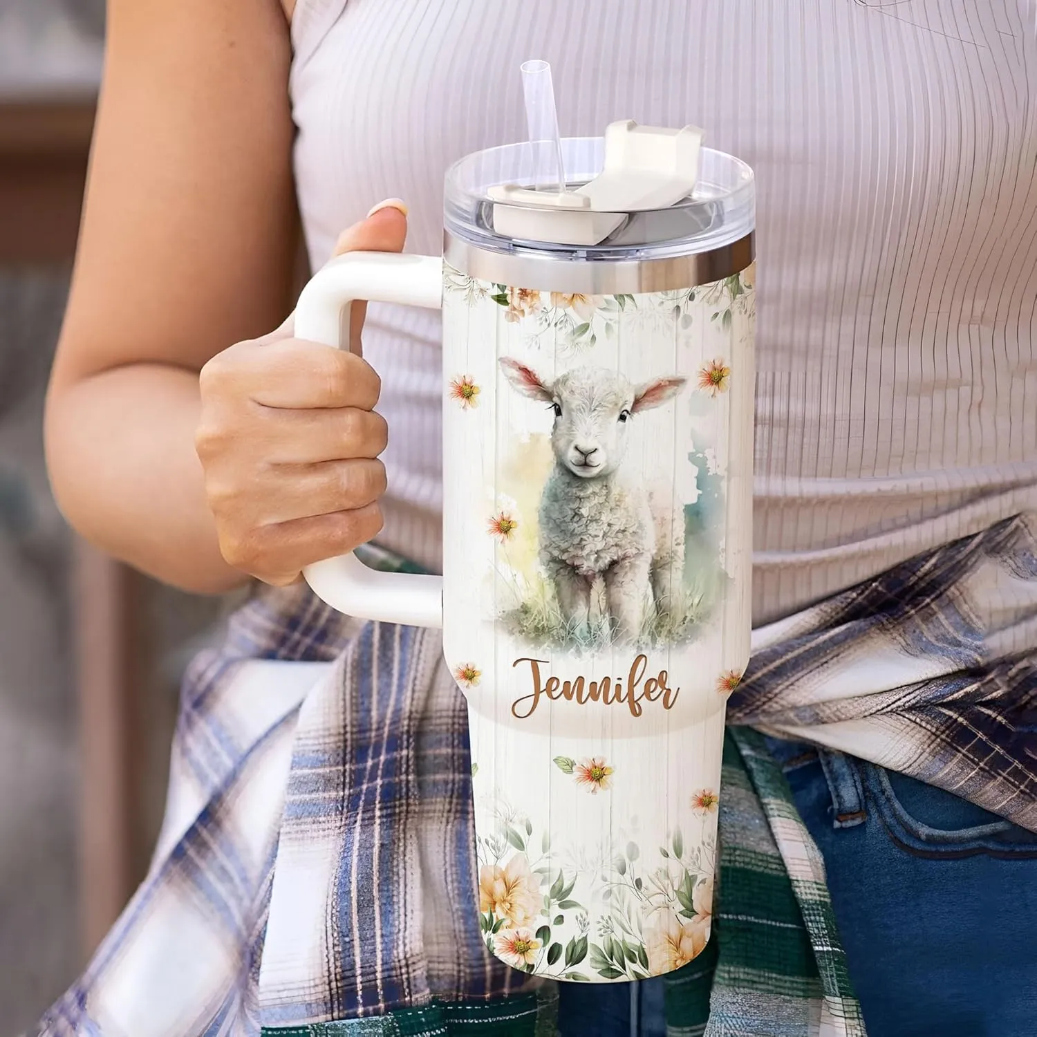 Hyturtle Personalized Gifts For Lamb Lover Tumbler 40oz with Handle and Straw - Stainless Steel Travel Coffee Cup With Lid - Cute Animal Lover Gifts For Women, Girl On Birthday Christmas