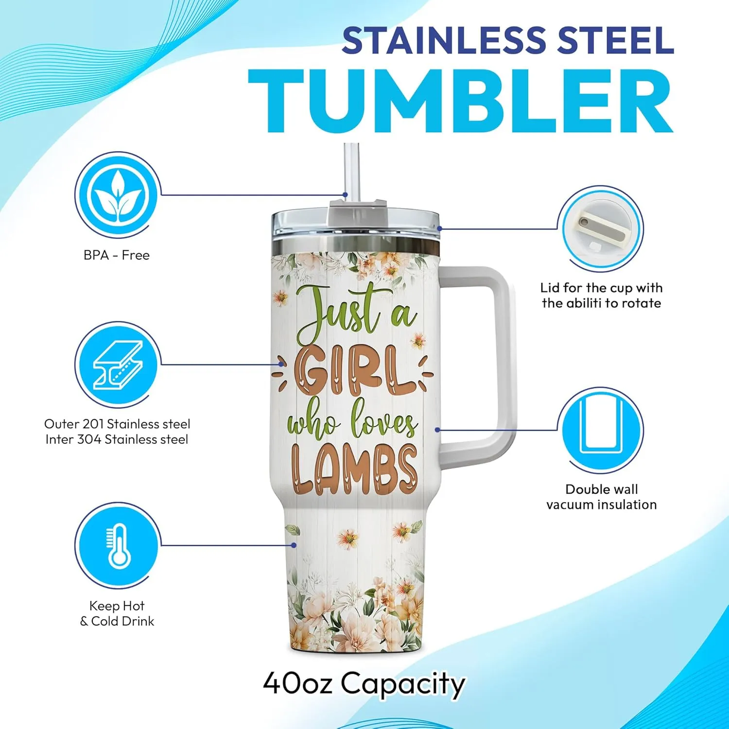 Hyturtle Personalized Gifts For Lamb Lover Tumbler 40oz with Handle and Straw - Stainless Steel Travel Coffee Cup With Lid - Cute Animal Lover Gifts For Women, Girl On Birthday Christmas