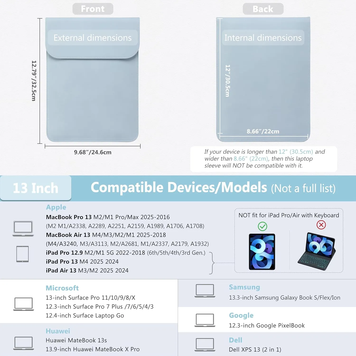HYZUO 13 Inch Laptop Sleeve PC Case for MacBook Pro 13 M2 M1 2025-2016, MacBook Air 13 M4 M3 M2 M1 2025-2018, 13" iPad Pro/Air, Surface Pro, XPS 13, with Small Bag, Pale Blue