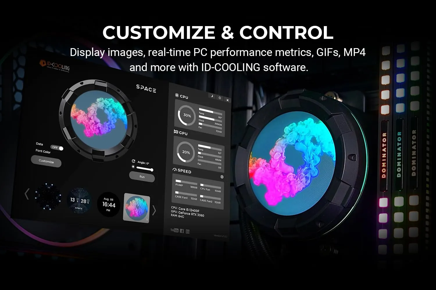 ID-COOLING SL240 CPU Liquid Cooler with Display, Customizable 2.1" LCD Display for Images or Performance Metrics, 240mm AIO Cooler, Dual AF127 ARGB Fans, Fits Intel/AMD