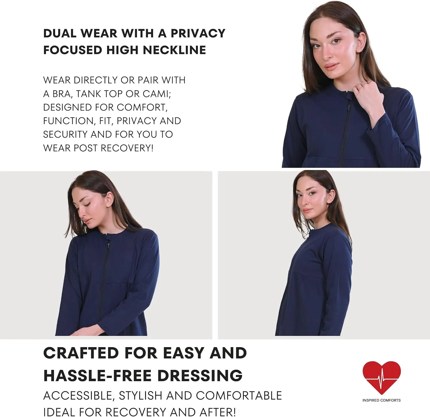 Inspired Comforts Women's Mastectomy Recovery Full Sleeves Front Open Zip Up Shirt with Drain Pockets