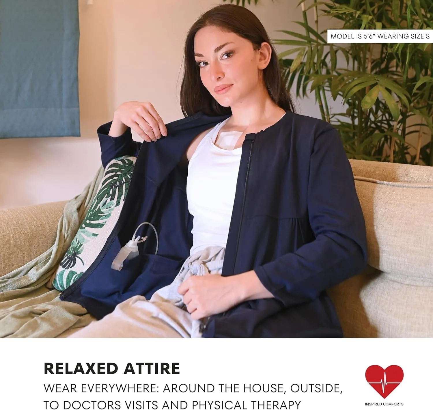 Inspired Comforts Women's Mastectomy Recovery Full Sleeves Front Open Zip Up Shirt with Drain Pockets