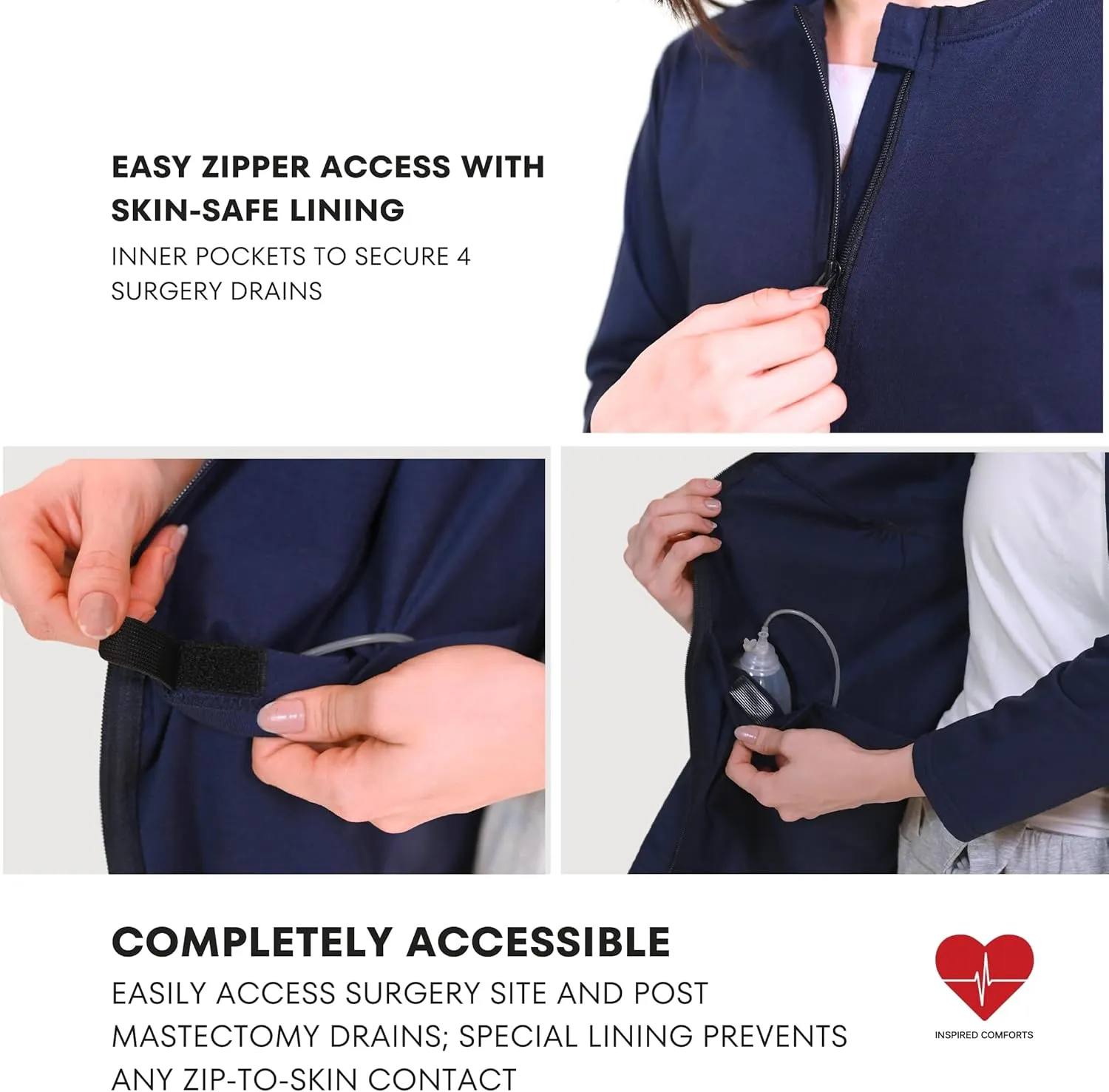 Inspired Comforts Women's Mastectomy Recovery Full Sleeves Front Open Zip Up Shirt with Drain Pockets